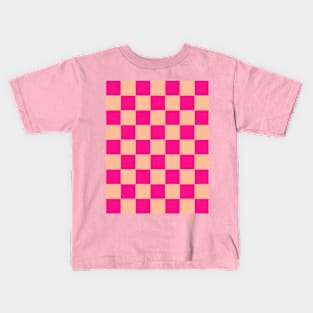Checkered squares peach hot pink geometric retro pattern Kids T-Shirt